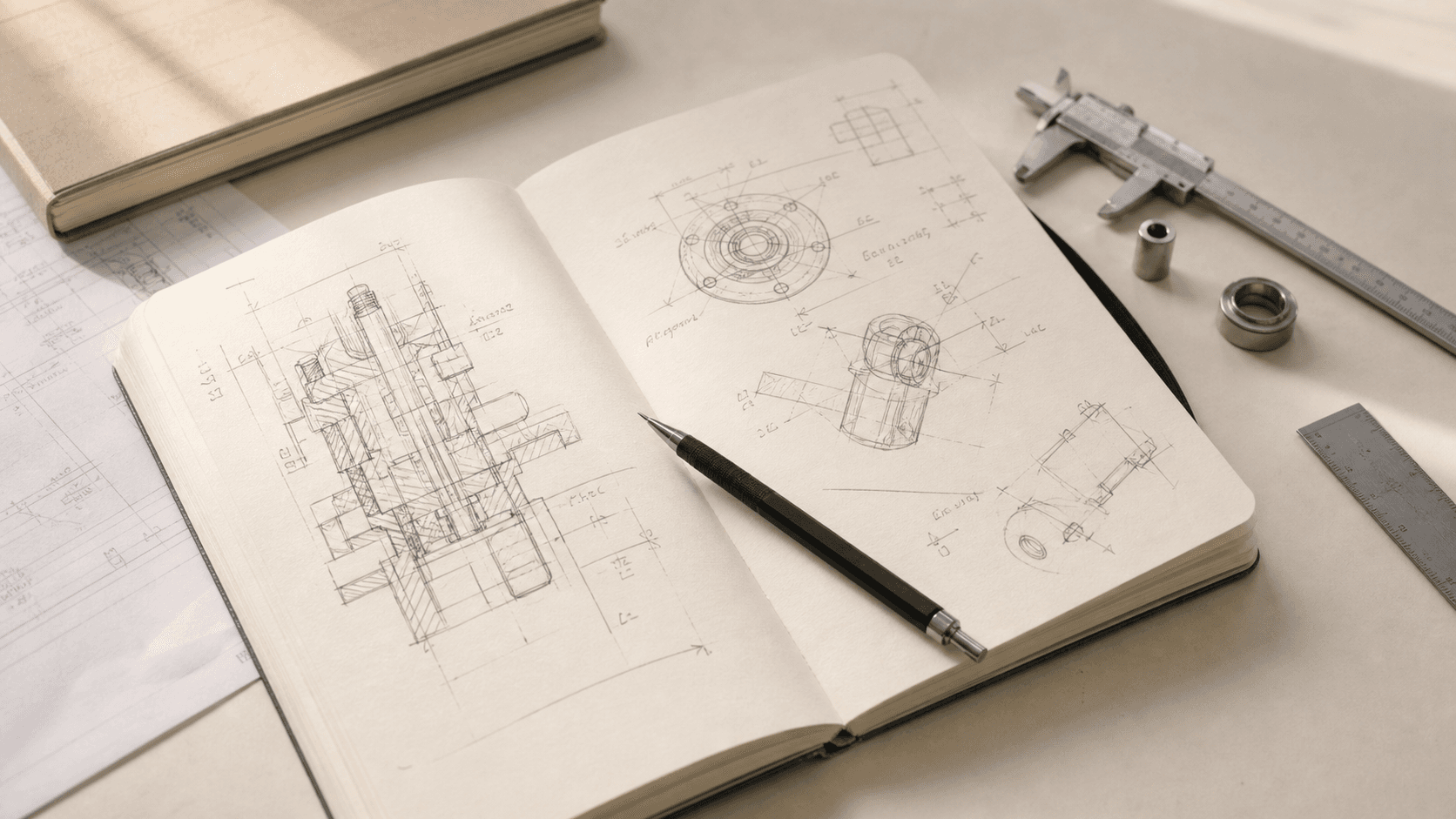 Notebook sketches and engineering drawings